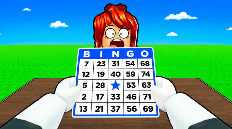 Official 50 Player Bingo image showing a Roblox character holding a BINGO card